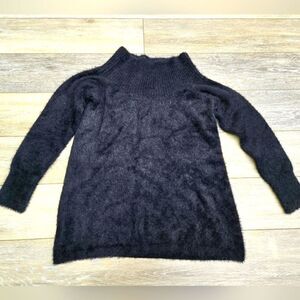 Loft Womens Sweater Small Black Faux Fur Fuzzy Mock Neck Essential Tunic size sm